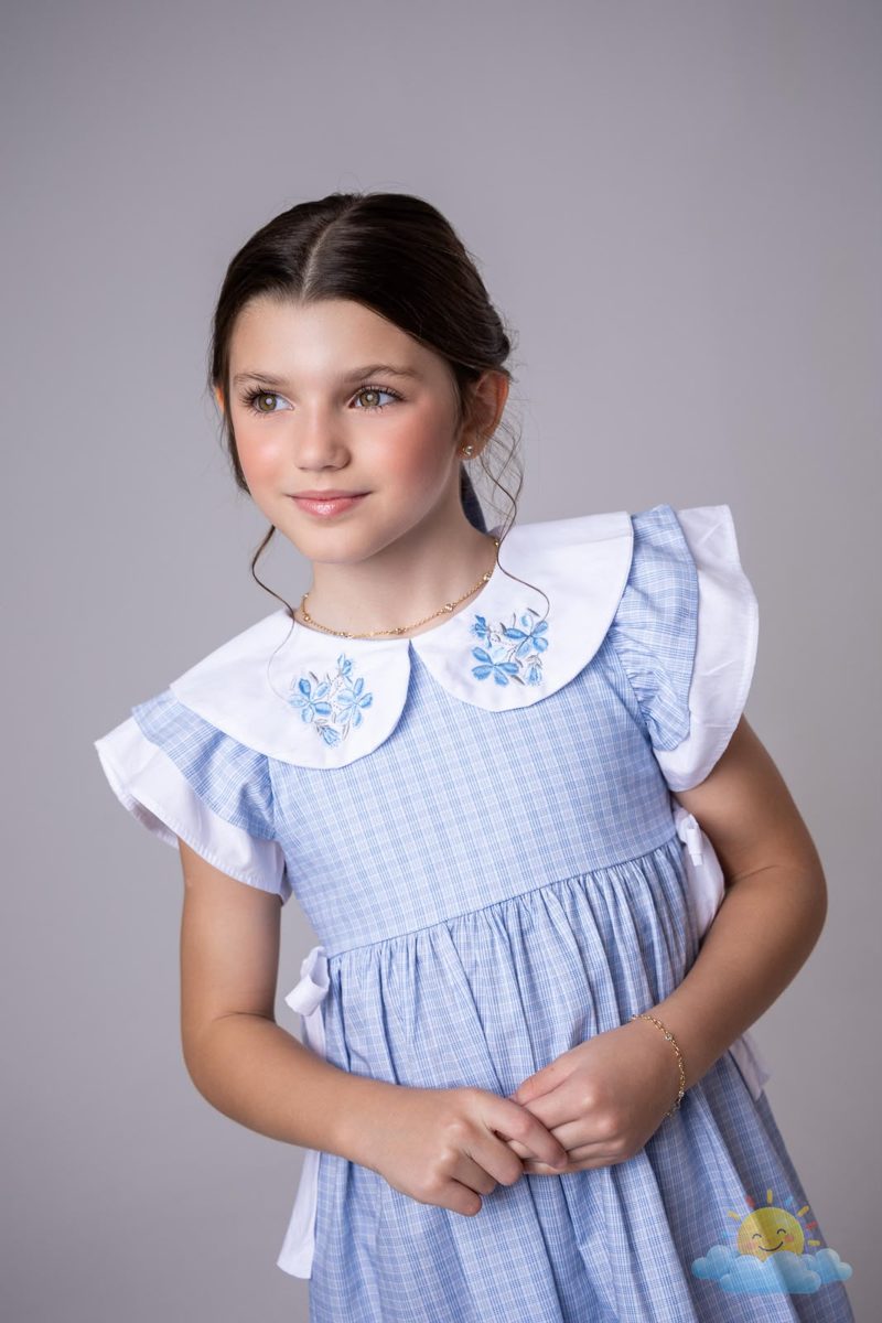 Vestido Xadrez Azul com gola bordada